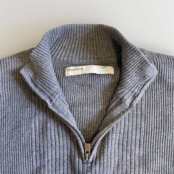 Perry Ellis 1/4 Zip Sweater Mens XXL Pullover Long Sleeve Gray Knit Ridged - Picture 2 of 8